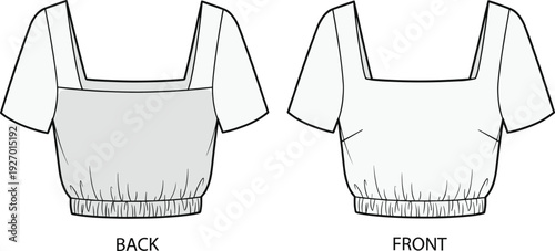 Technical fashion illustration of short sleeve crop top front and back view with square neckline bust darts and elasticated hem ideal for apparel garment design