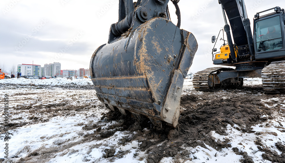 Fototapeta premium Heavy machinery working on infrastructure development during winter. Industrial excavator bucket descending toward muddy ground at construction site.