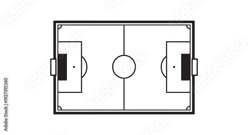 A minimalist black and white drawing depicts a soccer field with goalposts a center circle and markings silhouette