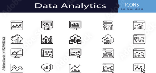 advanced data analytics and business kpi icons, outline line art