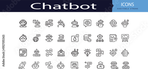 chatbot and virtual assistant customer support icons, outline line art set