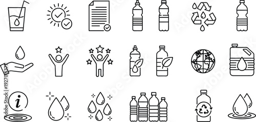 Set of Icons Featuring Water Bottles, Recycling, Sustainability, and Environmental Awareness for Web and App Use