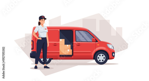Delivery man standing beside an open red delivery van with packages inside on a city street background.