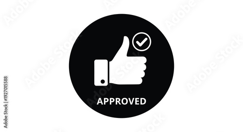 A stark black circle contains a white hand giving a thumbs up with the word approved silhouette