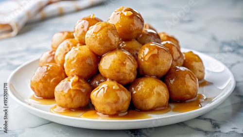 Golden fried loukoumades drizzled honey piled on white plate, classic Greek sweet. Tempting loukoumades drizzled honey boast syrupy glaze, rich texture, sweet treat.