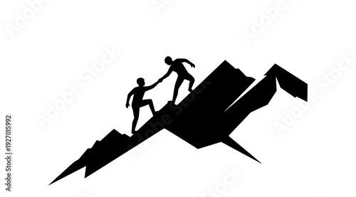 Silhouette team helping climber on mountain teamwork cooperation success vector concept isolated on white