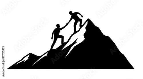 Teamwork silhouette helping friend reach mountain top success concept vector illustration isolated on white background
