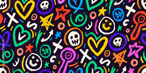 Colorful doodles including hearts skulls stars and smiley faces on black