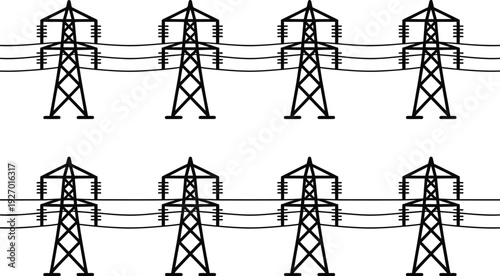 Electricity transmission tower silhouettes on a light gray background