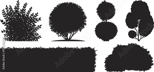Bush and hedge silhouette collection, topiary garden shrubs isolated black landscaping elements set for design, flat vector illustration