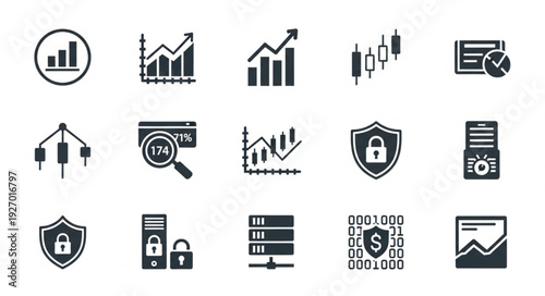 Financial and technological icons representing data analysis and security.