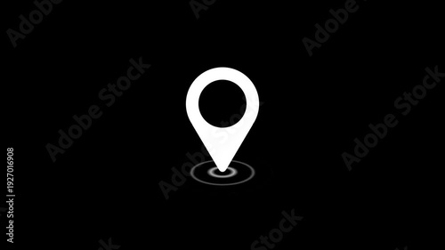 White glowing location pin icon with animated ripple on black background.
