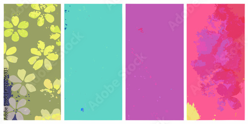 Four vibrant vertically arranged panels displaying different abstract patterns