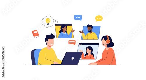 Virtual Meeting, Online Education, and Remote Team Collaboration Vector Illustration. Diverse Business Group Communicating via Video Conference Call or Webinar.