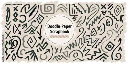 Abstract black doodles and shapes cover a beige scrapbook paper background