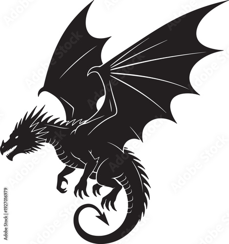 Black silhouette of a mythical dragon with large wings spread in flight also transparent background white