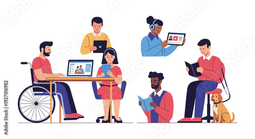 Inclusive Education and Diverse Learning Methods: Vector Illustration of Students with Disabilities Studying Online with Laptops, Tablets, and Books