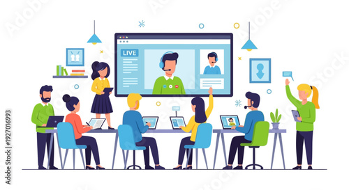 Live Webinar Training: Business Team Attending Online Conference, Virtual Class, or E-learning Workshop Session.