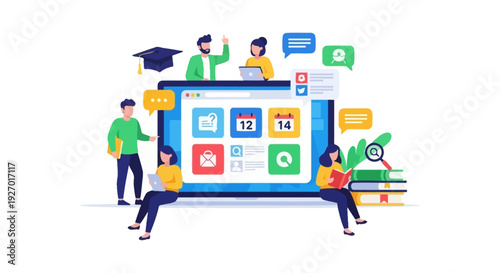 E-Learning Platform and Online Education System. Students studying, collaborating, and managing schedules on a digital learning portal interface.
