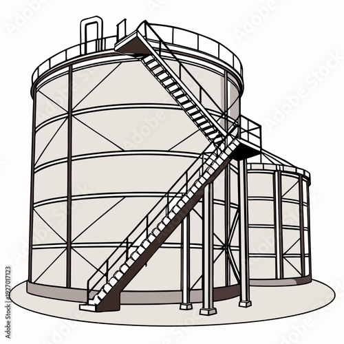 A large metal tank with a staircase and catwalk