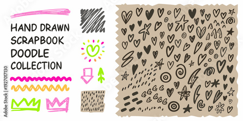 Hand drawn scrapbook doodles and patterns on a beige background