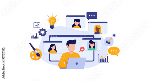 Virtual Team Collaboration and Online Video Conference Meeting. Remote Work, Business Strategy, and Creative Idea Generation concept illustration.