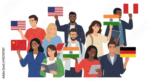 International Student Diversity Group Holding World Flags. Multicultural Education and Global Exchange Concept Vector Illustration.
