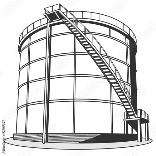 A large metal silo with a staircase leading up to the top