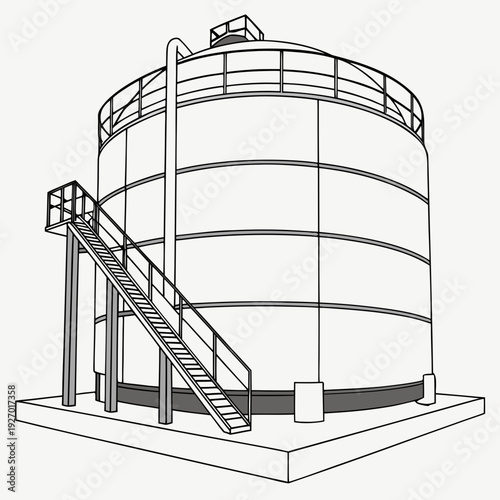 A large cylindrical tank with a staircase
