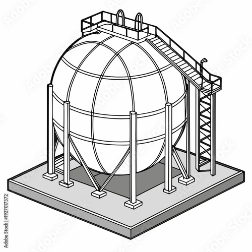 A large metal sphere on a concrete base with a walkway