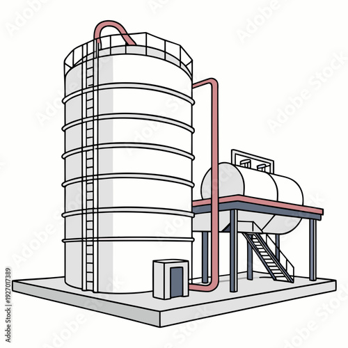 Industrial storage tanks with piping and valves