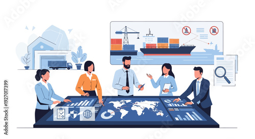 Diverse business team analyzing global logistics data on interactive display.