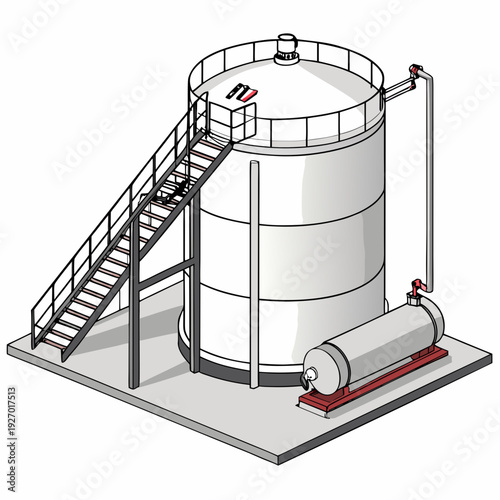 A large metal tank with a staircase and a cylindrical object on a concrete platform