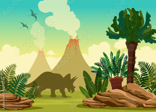 Vector nature illustration with ancient animals and plants. Prehistoric landscape with dinosaurs - triceratop and pterodactyls, erupting volcano, green plants and stones
