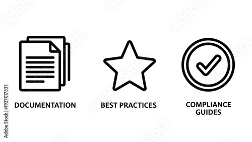 Business and Compliance Icons: Stacked Documents, Star Rating, and Approved Checklist