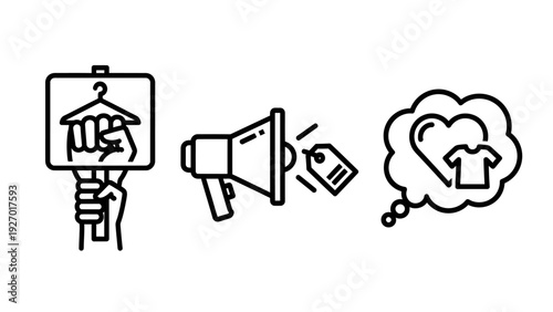 Creative icons representing protest, promotion, and customer desires for fashion and retail.