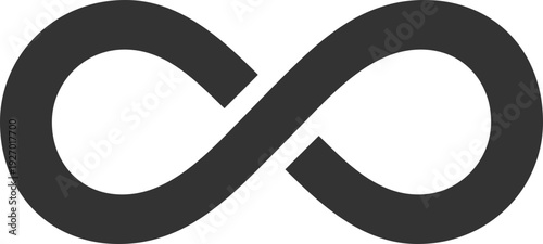 A simple, dark gray infinity symbol is centered on a black background, representing endlessness and eternity