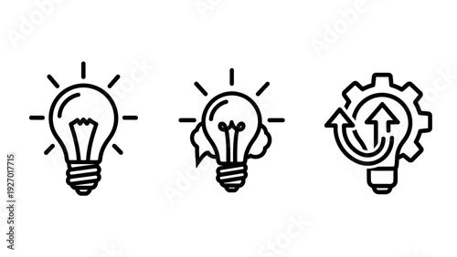 Creative Ideas and Innovation Process Icons: Lightbulbs Symbolizing Brainstorming, Problem Solving, and Continuous Improvement Concepts
