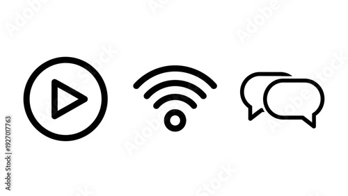 Digital Playback, Wireless Connectivity, and Communication Icons: Symbols for Online Media, Internet, and Messaging Concepts
