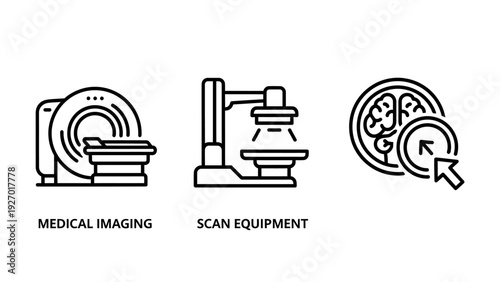 Medical Imaging, Scan Equipment, and Brain Diagnostics Icons: Concepts for Healthcare Technology and Neurological Analysis