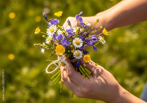 Delicate wildflower bouquet crafted in hand with natural green background