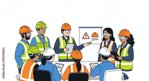 Diverse construction team in safety meeting discussing plans.