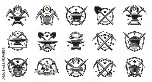 Collection of blacksmithing emblems featuring anvils, hammers, and crossed tools in vintage style.