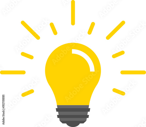 A glowing yellow light bulb with radiating lines on a black background symbolizes a new idea or inspiration