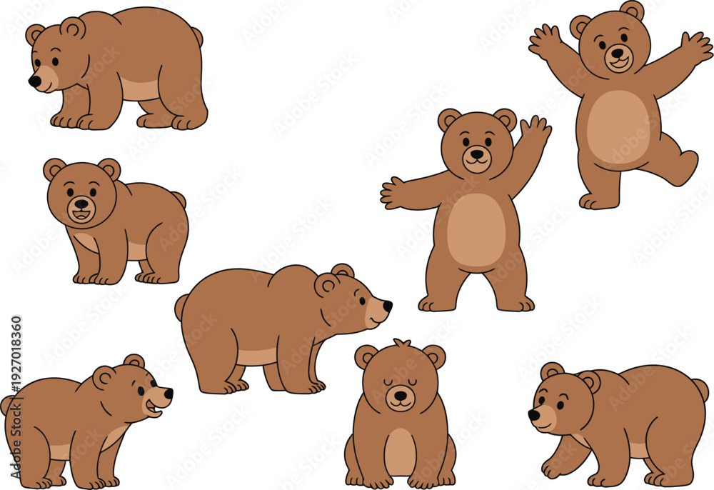 Fototapeta premium A brown bear cartoon illustration set in various poses and expressions