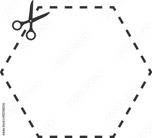 A pair of scissors is shown cutting along a dashed line that forms a hexagon shape on a black background