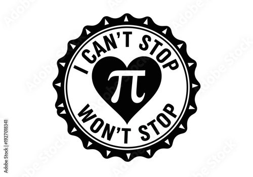 Black and white pi heart symbol on a bottle cap design