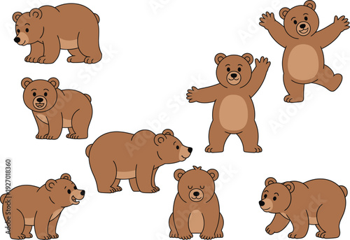 A brown bear cartoon illustration set in various poses and expressions