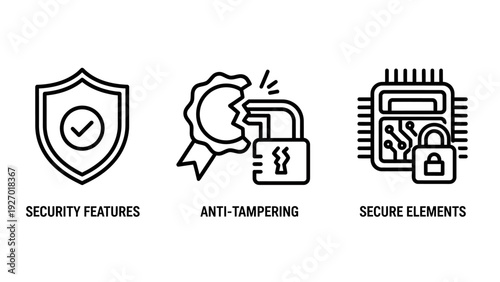 Advanced Hardware Security Icons for Integrated Security Features, Anti-Tampering Broken Seal Protection, and Secure Elements Encrypted Microchip.