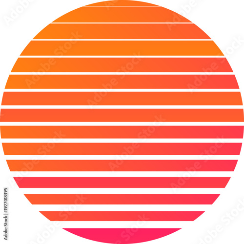 A stylized, geometric sunset with vibrant orange and pink gradient lines creating a retro-futuristic horizon effect